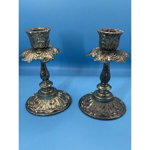 Vintage Silver Tone Candlestick Holders Decorative Ornate Set Of 2